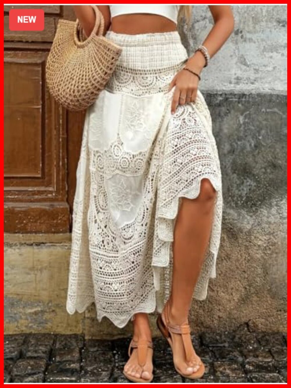 Women's Floral Embroidered Knit Maxi Skirt, Elastic Waist Flared A-Line Long - Picture 2 of 6